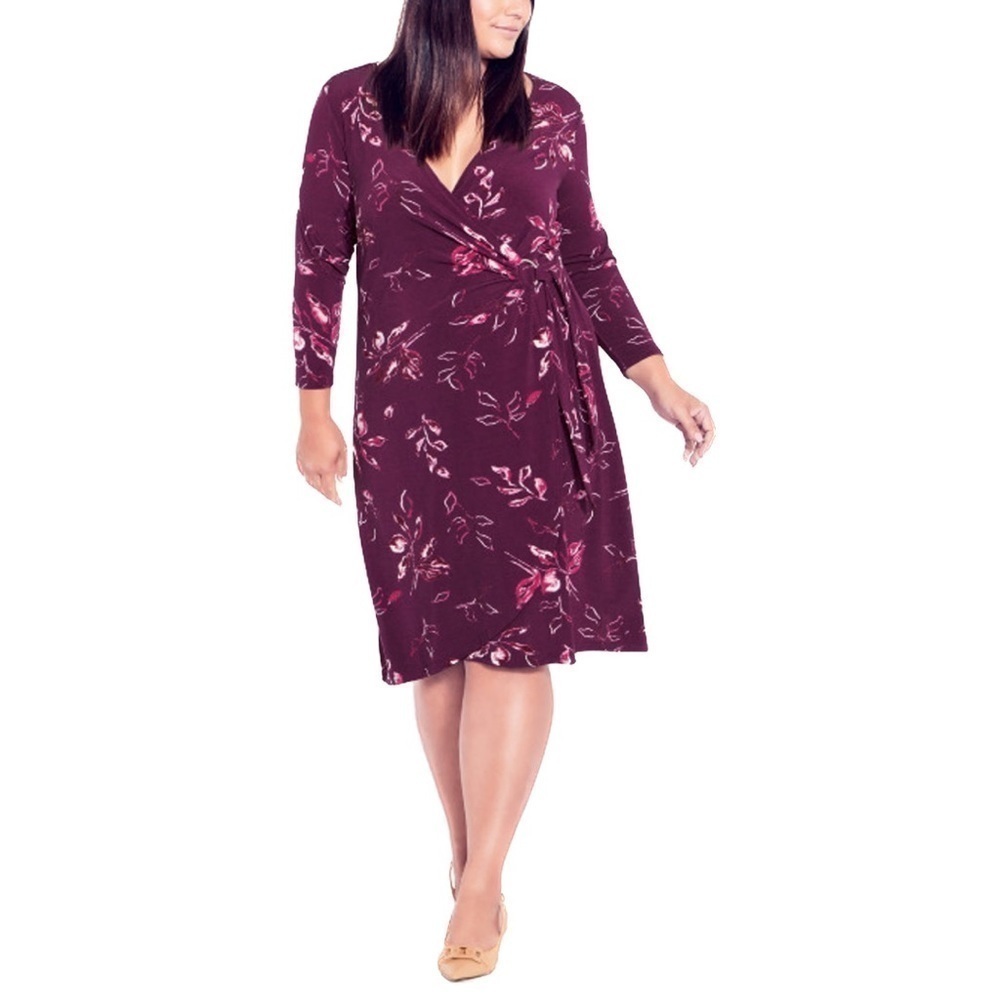 AVE STUDIO 18W-28W Plum Floral Darna Faux Wrap Midi Dress (E37.10)